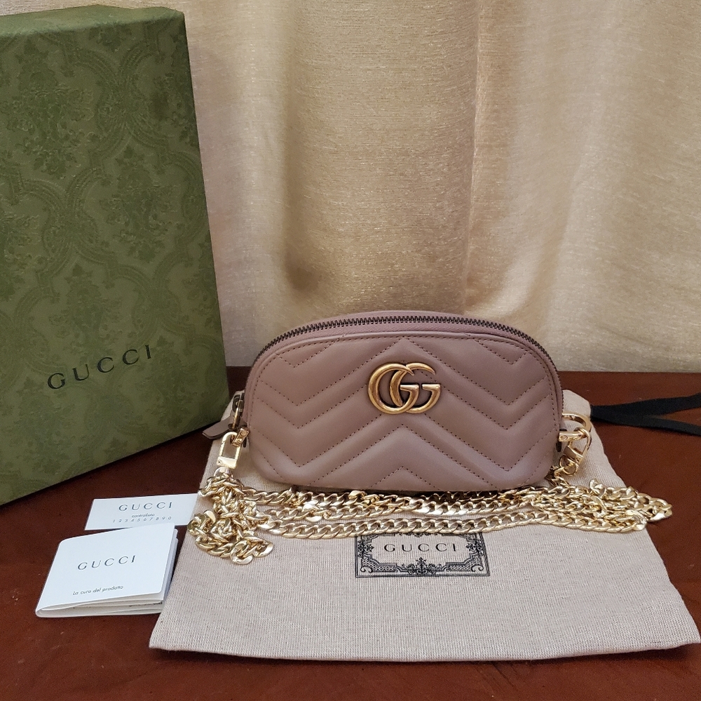 Gucci Taupe Leather Marmont Matelasse Pouch on Chain